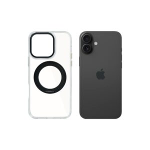 Super Snap Clear Case for iPhone 16 with Built-in 360° Rotation Black Metal Ring and Support Magnetic Wireless Charging