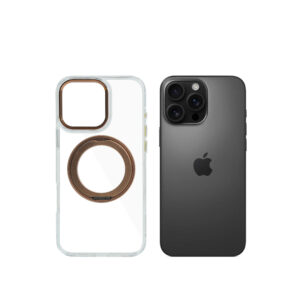 Super Snap Clear Case for iPhone 16 Pro Max with Built-in 360° Rotation Gold Metal Ring and Support Magnetic Wireless Charging