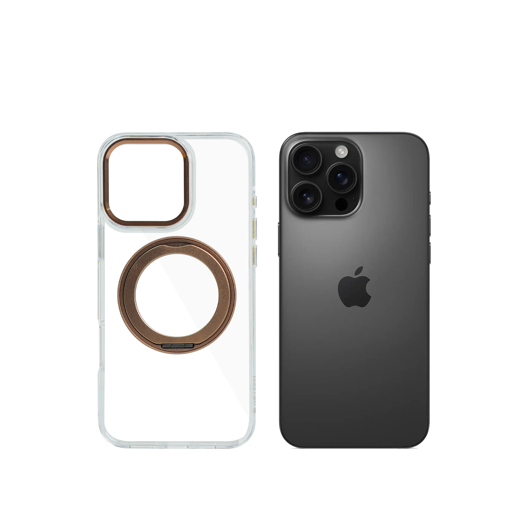 Super Snap Clear Case for iPhone 16 Pro Max with Built-in 360° Rotation Gold Metal Ring and Support Magnetic Wireless Charging