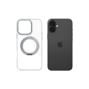 Super Snap Clear Case for iPhone 16 with Built-in 360° Rotation Silver Metal Ring and Support Magnetic Wireless Charging