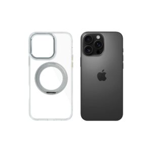 Super Snap Clear Case for iPhone 16 Pro Max with Built-in 360° Rotation Silver Metal Ring and Support Magnetic Wireless Charging